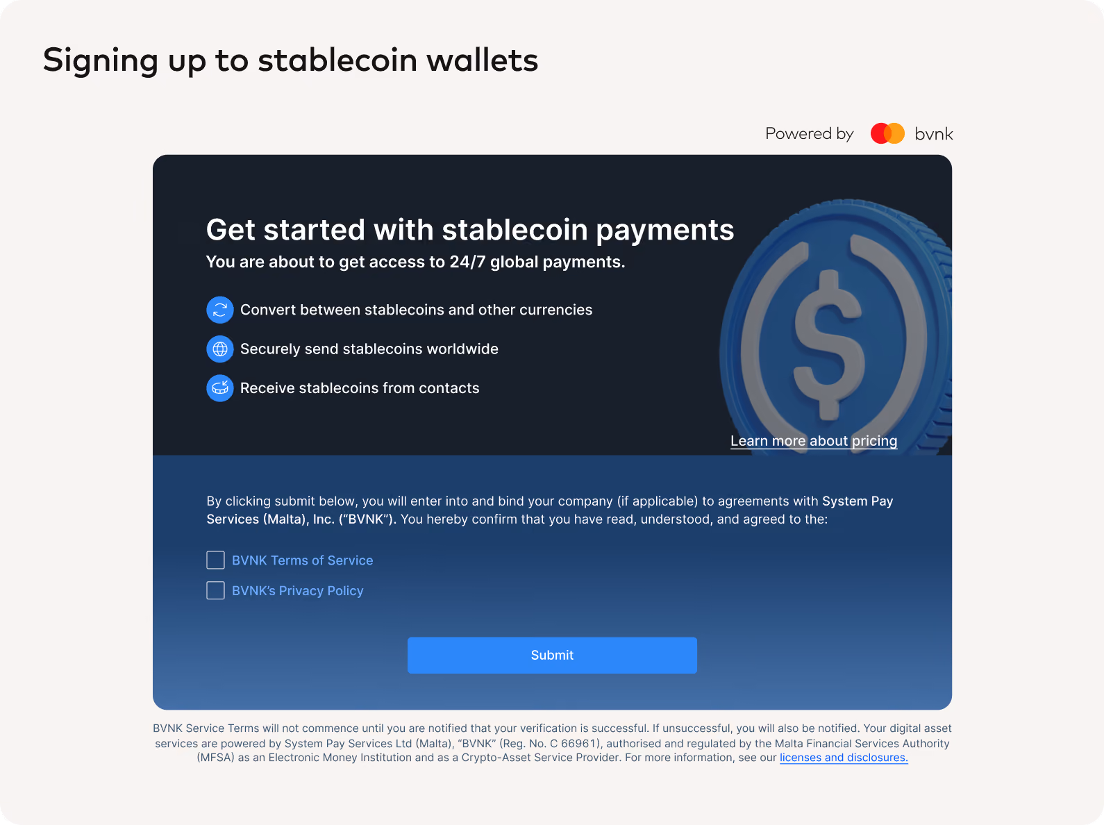 Example stablecoin wallet sign-up screen powered by BVNK, with terms of service and privacy policy consent.