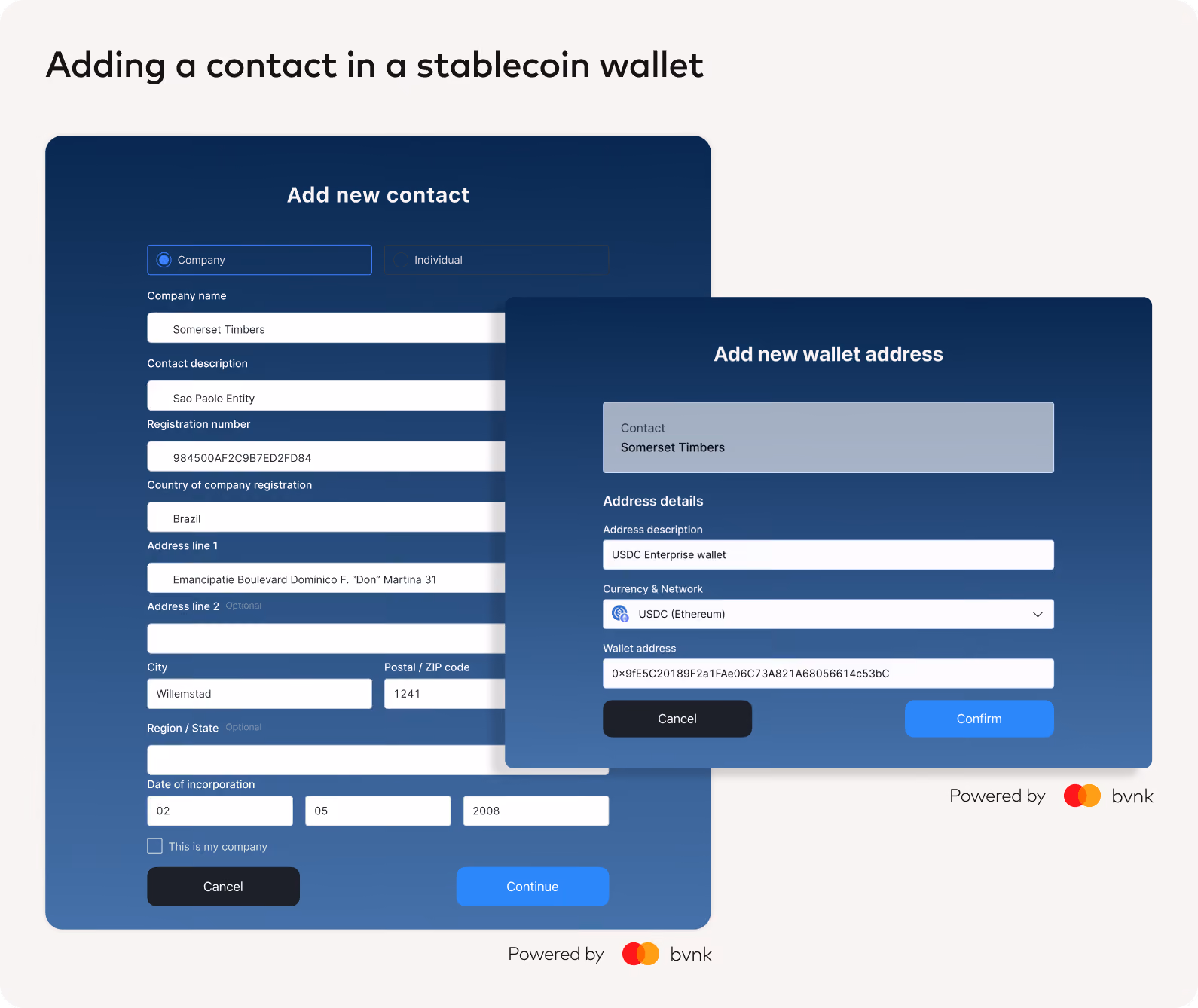 Embedded stablecoin wallet screens for adding a company contact and a USDC wallet address, powered by BVNK.