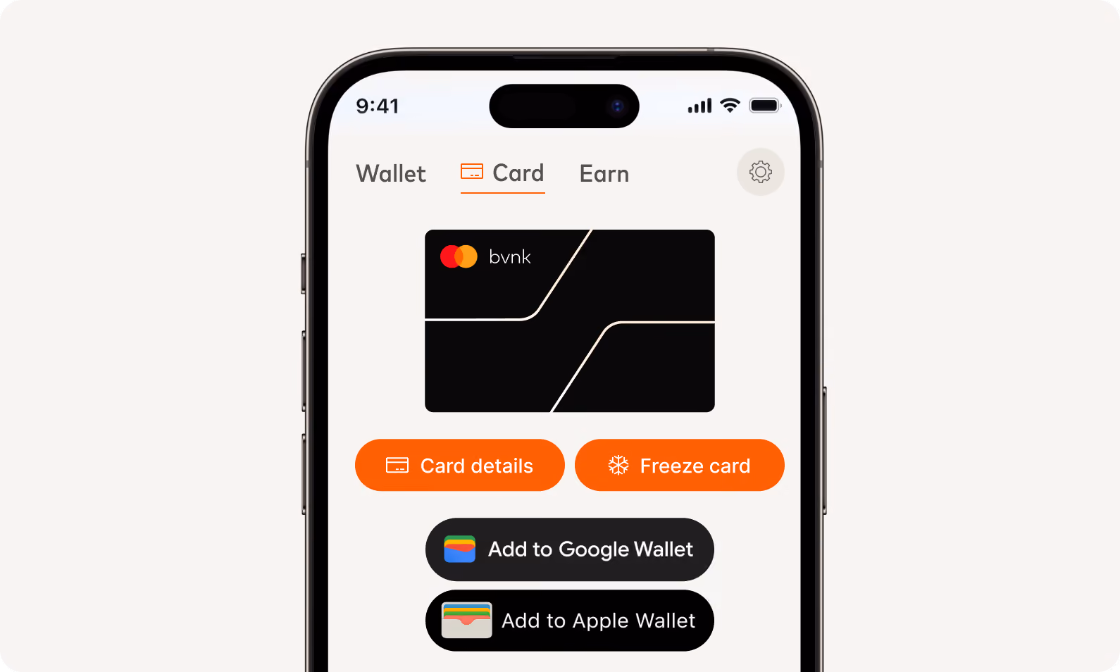 Embedded wallet app card screen showing a BVNK Mastercard with options to add it to Google Wallet and Apple Wallet.