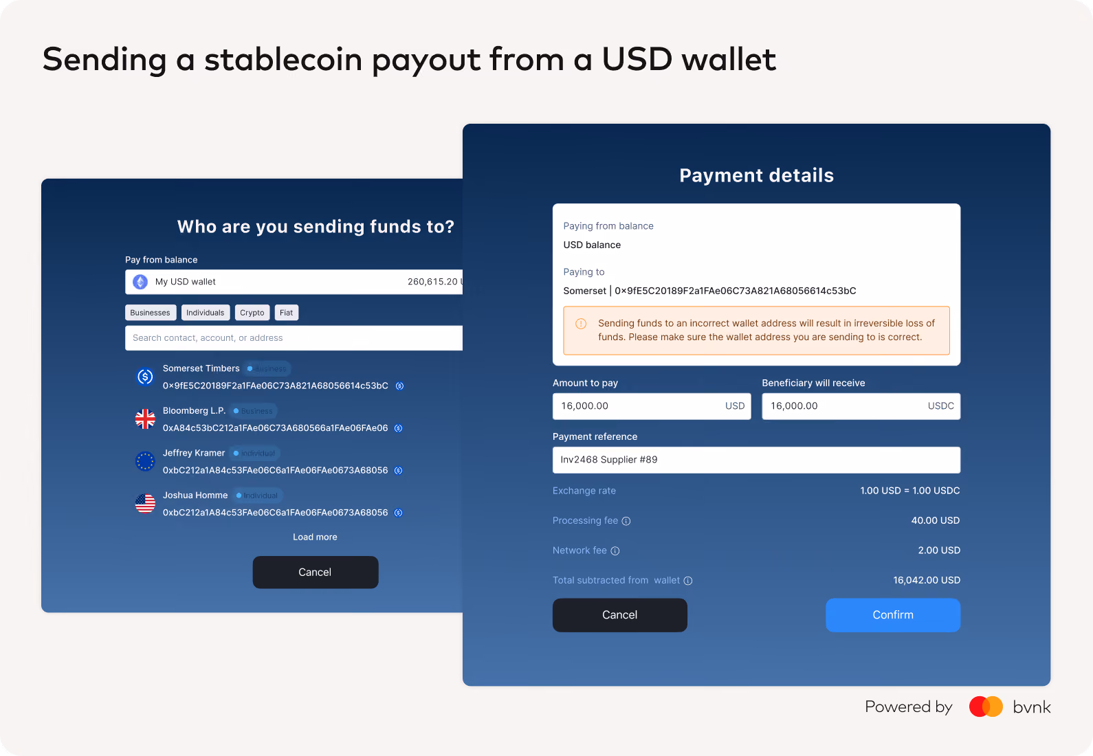 Example payout flow: choosing a recipient and confirming payment details to send USDC from a USD wallet.