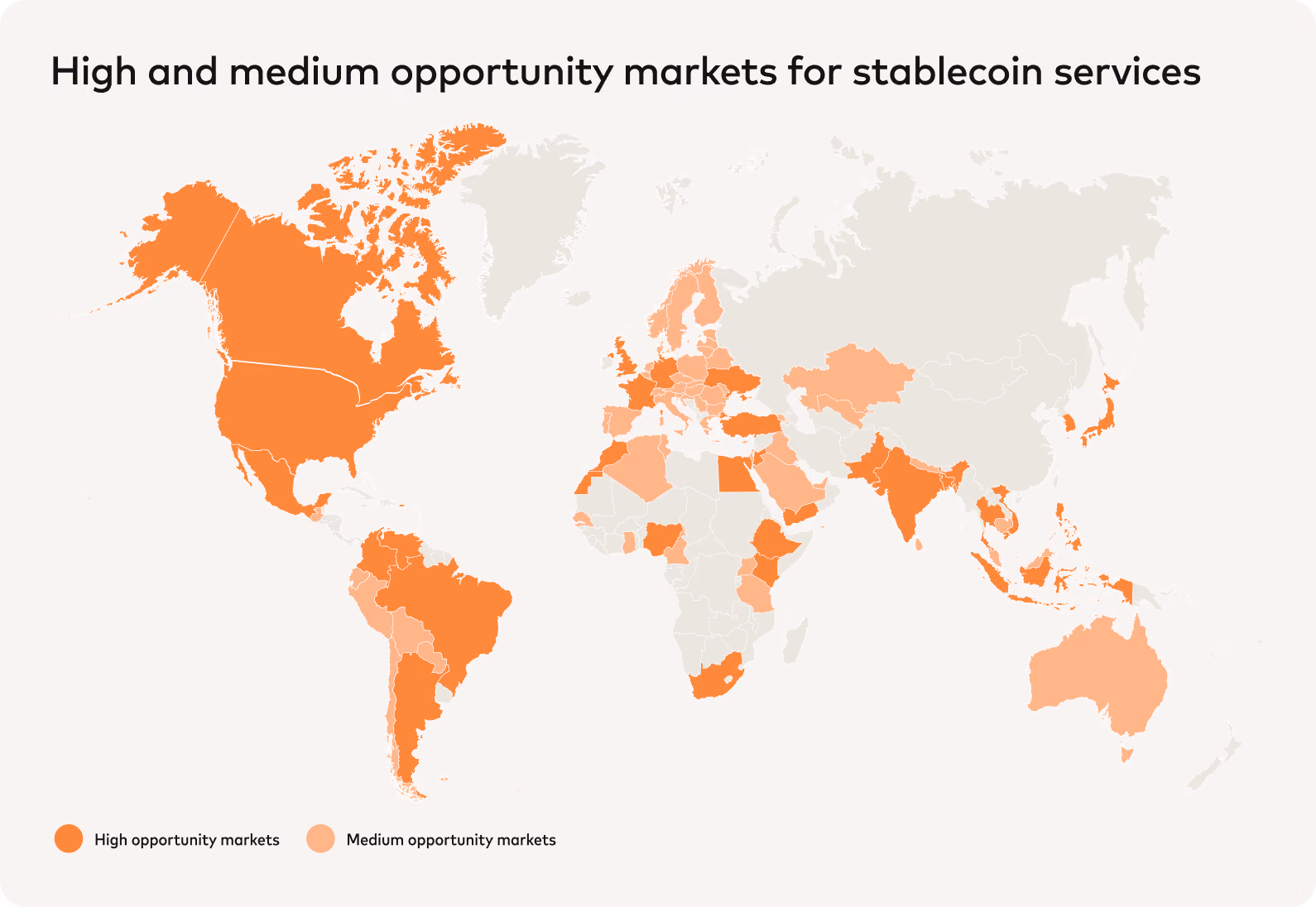 World map of high and medium opportunity markets for stablecoin services.