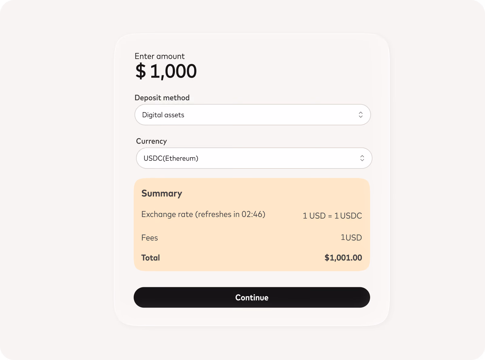 Deposit screen showing a $1,000 USDC deposit with local currency conversion rate, fees and total.