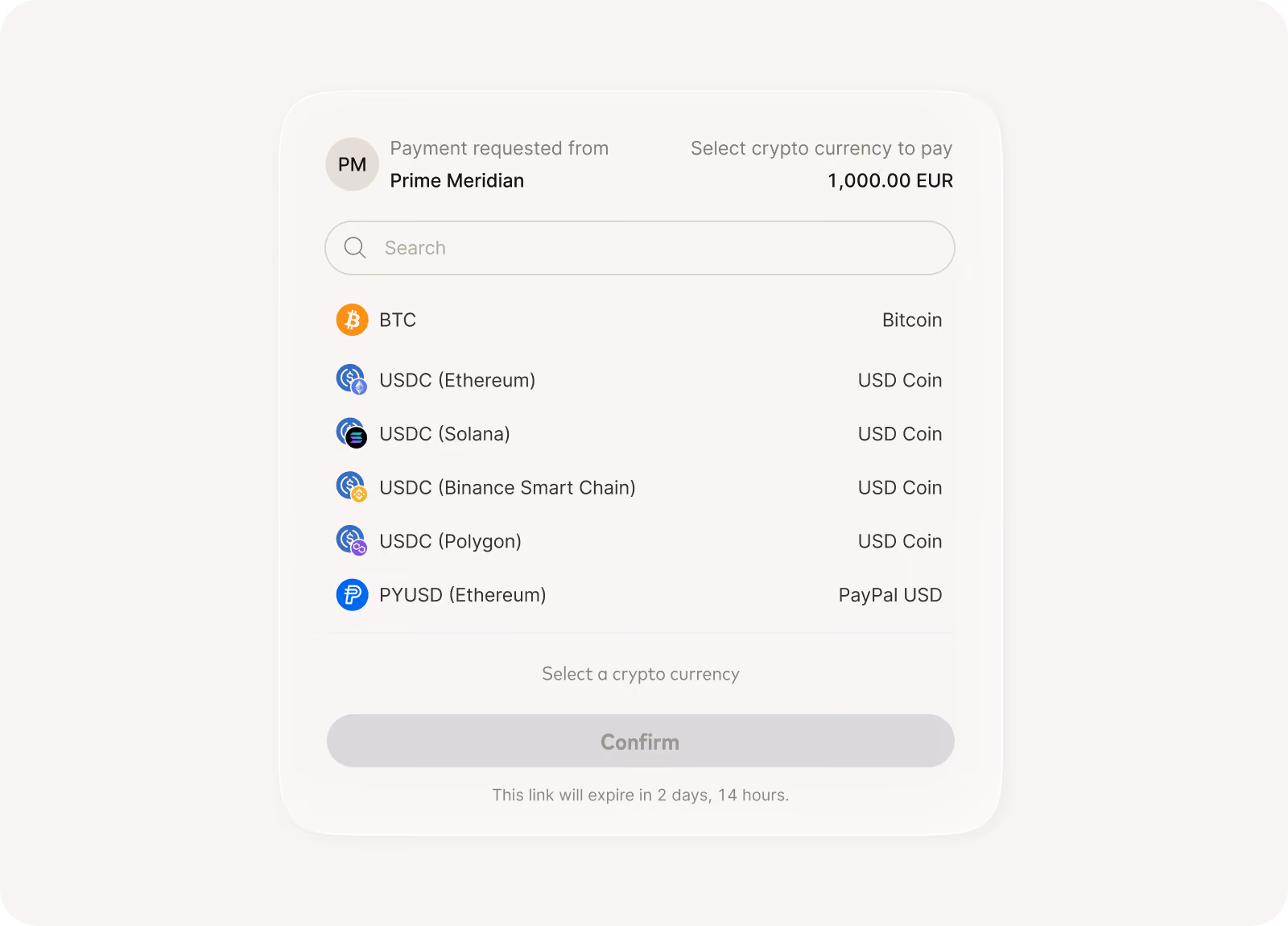 Payment request checkout letting the payer choose a cryptocurrency, such as USDC on various networks or PYUSD.