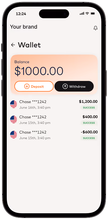 Mobile wallet screen showing a $1,000 balance, deposit and withdraw buttons, and successful bank payouts.