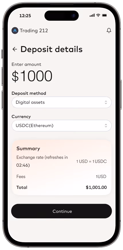 Brokerage app deposit details screen showing a $1,000 deposit paid in USDC on Ethereum with fees and exchange rate.
