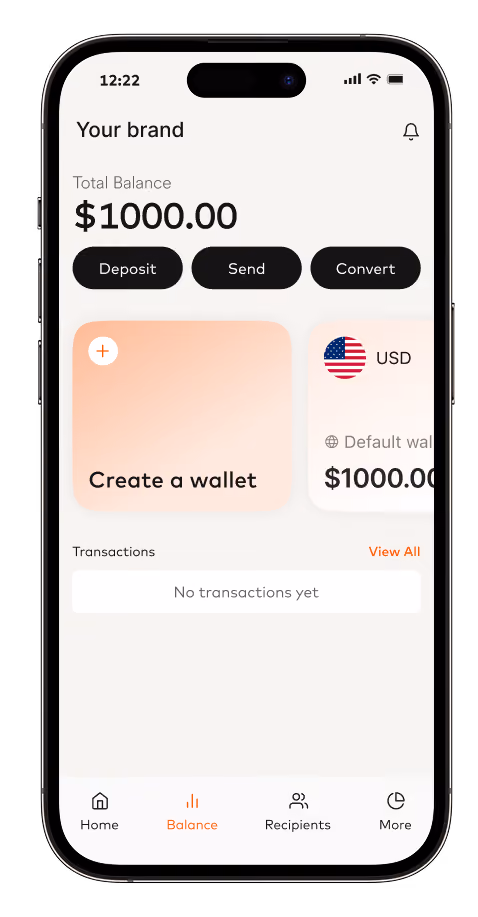 Embedded wallet app screen with $1,000 total balance, deposit, send and convert buttons and a USD wallet.