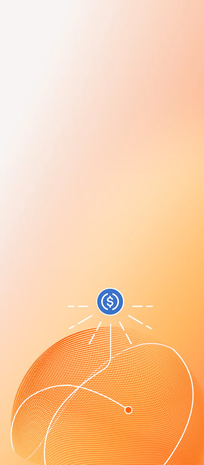 USDC coin above an orange globe with a payment route, illustrating global stablecoin payments.