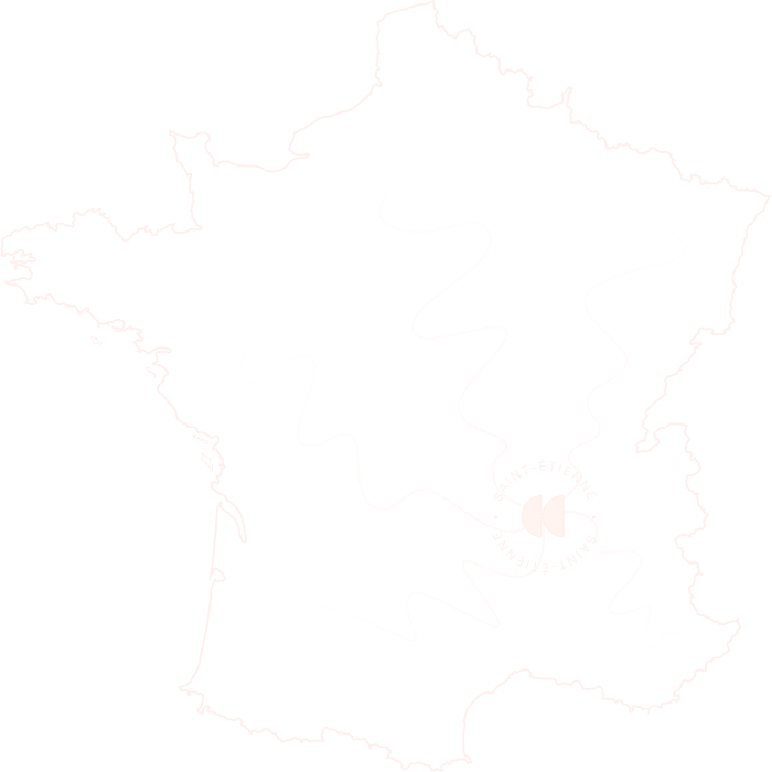 Carte de la France avec des lignes ondulées représentant des zones d'intervention autour de Saint-Étienne.