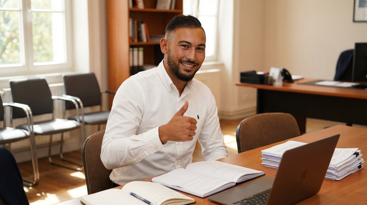 Formateur CSE en chemise blanche, assis à un bureau avec des cahiers et un ordinateur portable, faisant un pouce levé.