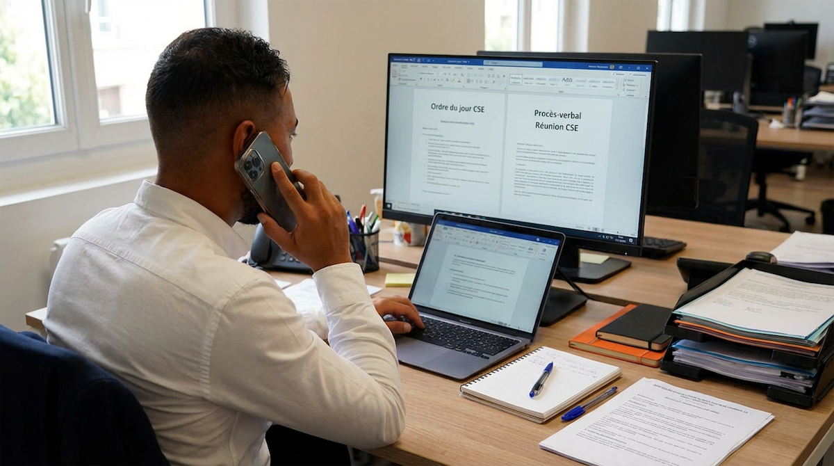Formateur CSE en chemise blanche parle au téléphone devant un bureau avec deux écrans affichant un document Word intitulé Ordre du jour CSE et Procès-verbal Réunion CSE.