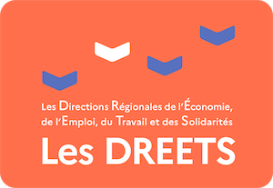 Logo des DREETS avec quatre chevrons bleus et blancs sur fond orange, incluant le texte 'Les Directions Régionales de l'Économie, de l'Emploi, du Travail et des Solidarités'.