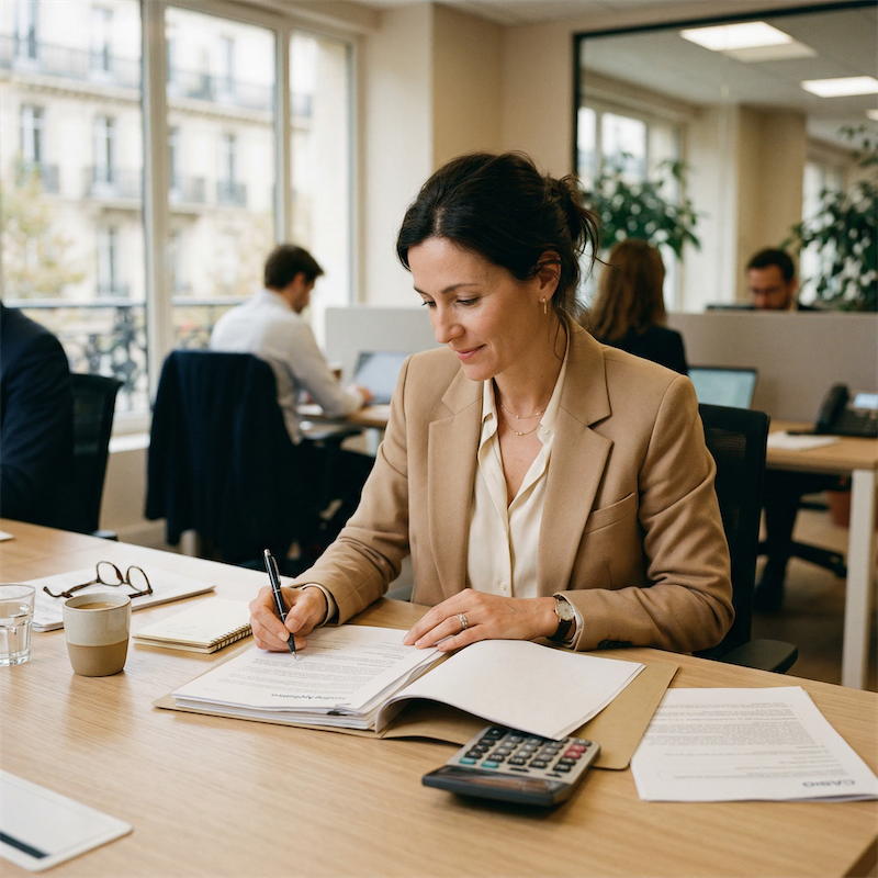 Une femme en blazer beige signe un document d'aide au financement d'une formation CSE au bureau avec une calculatrice et une tasse à côté.