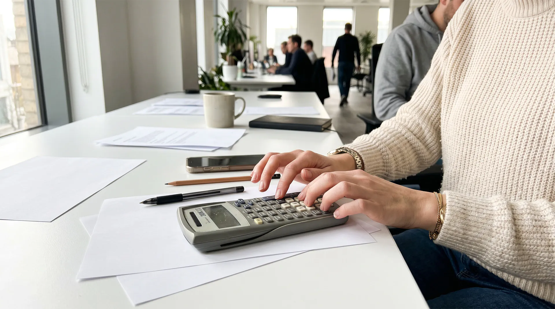 Salarié en train de faire des calculs sur sa calculette