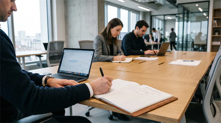 Salariés en open-space en train de faire du calcul de trésorerie CSE sur l'ordinateur et sur papier