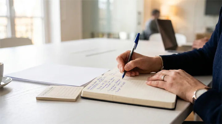 Secrétaire CSE en train de s'organiser sur son carnet papier