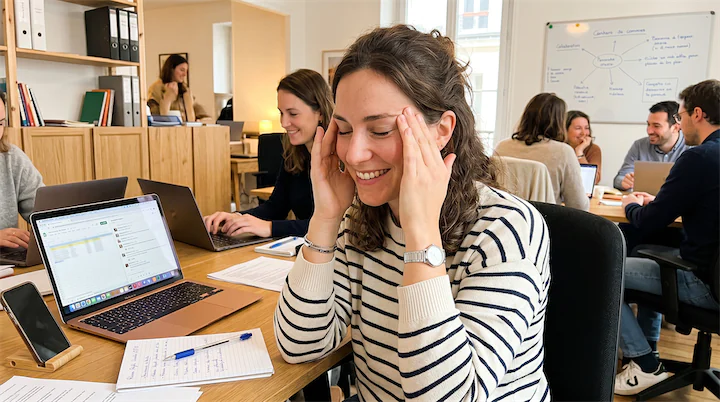 Salariée en open-space en train de se masser les temps agréablement soulagée