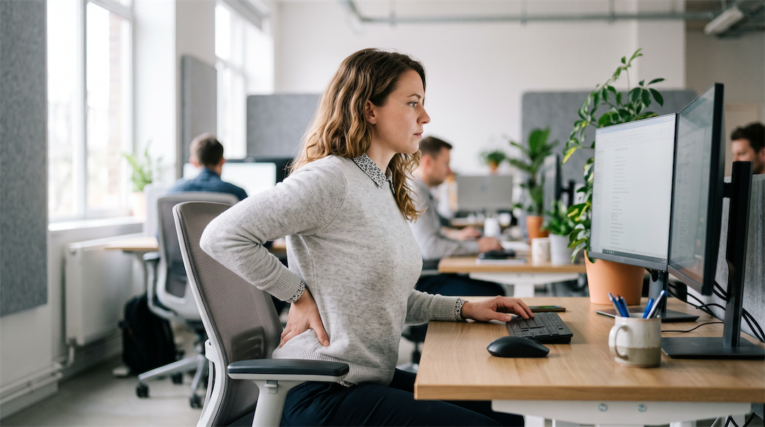 Femme assise sur sa chaise de bureau en train de se maintenir le dos pour sa posture