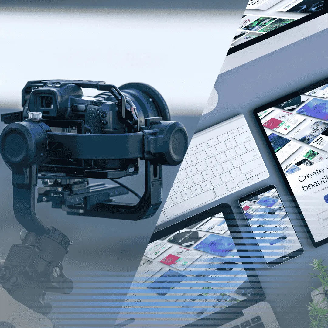 Service Bild mit einer Kamera auf einem Gimbal und einem Schreibtisch Setup mit Websites auf den Bildschirmen