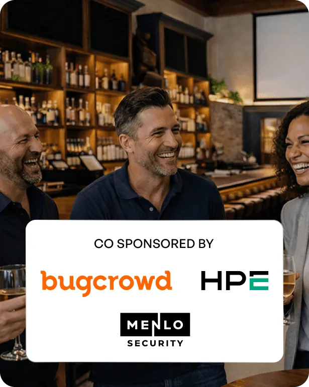 Three people laughing and socializing in a bar with a white overlay showing co-sponsors Bugcrowd, HPE, and Menlo Security logos.