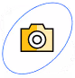 Yellow camera icon with blue lens outline, encircled by white and yellow abstract curved lines.