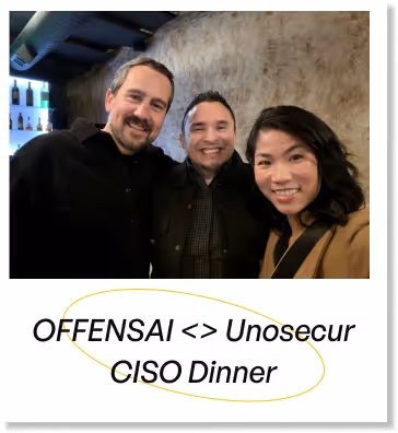 Three people smiling and posing for a photo at an OFFENSAI and Unosecur CISO Dinner event.