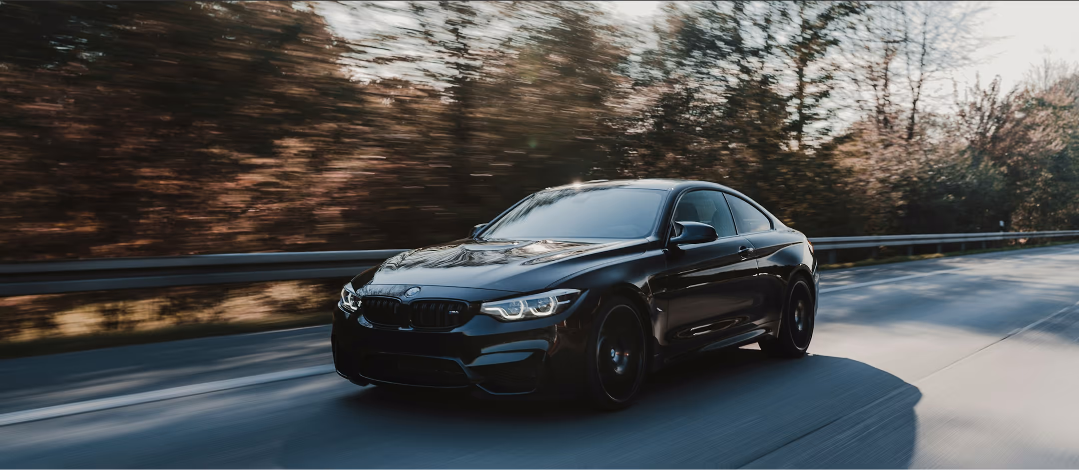 Black BMW sports car driving on a road with blurred trees in the background.