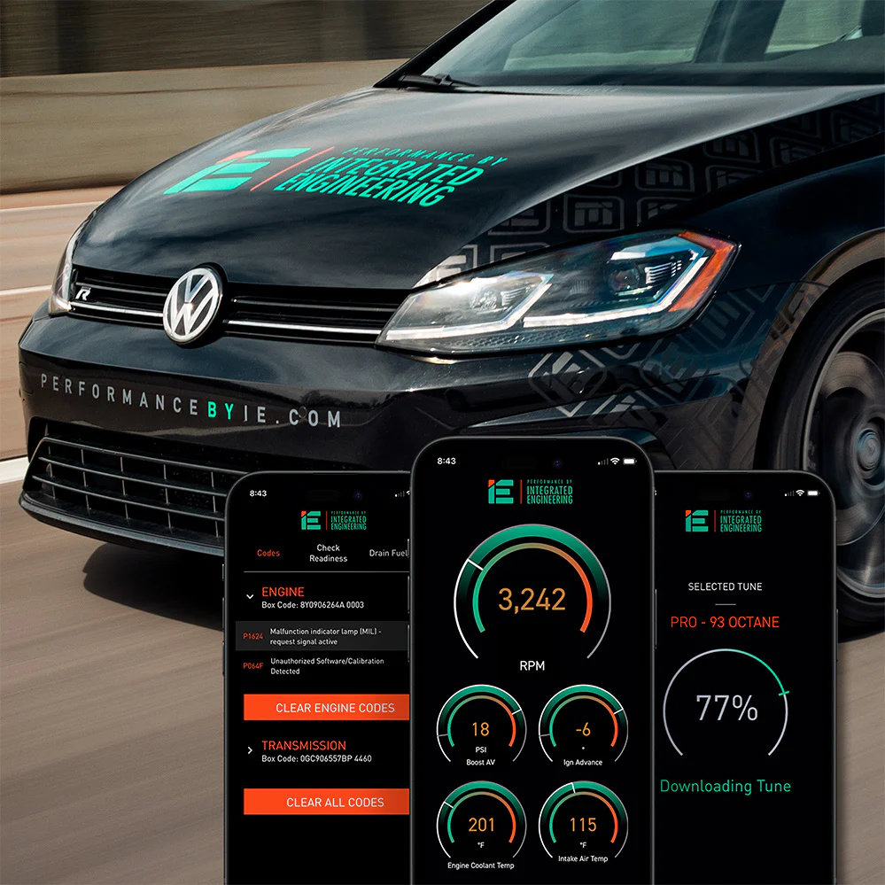 Black Volkswagen with Integrated Engineering logo and car tuning app screens showing engine data and tune download.