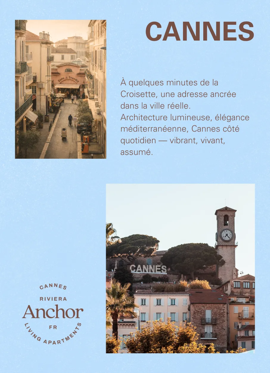 Vue d'une rue pittoresque et d'un clocher historique à Cannes - Anchor Living Apartments.