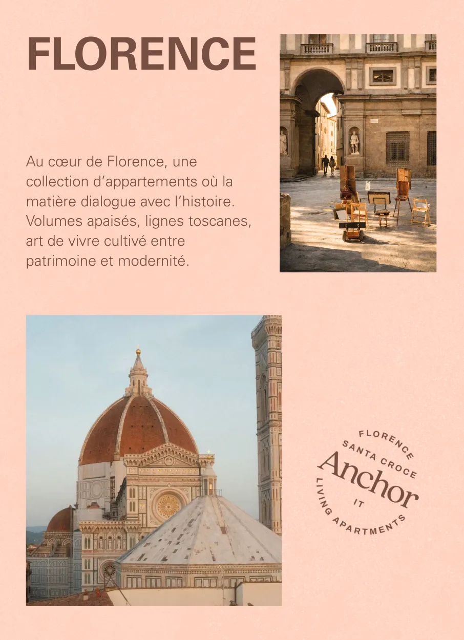 Affiche de la collection d'appartements Anchor à Florence, mettant en avant le patrimoine historique de la ville et le Duomo.