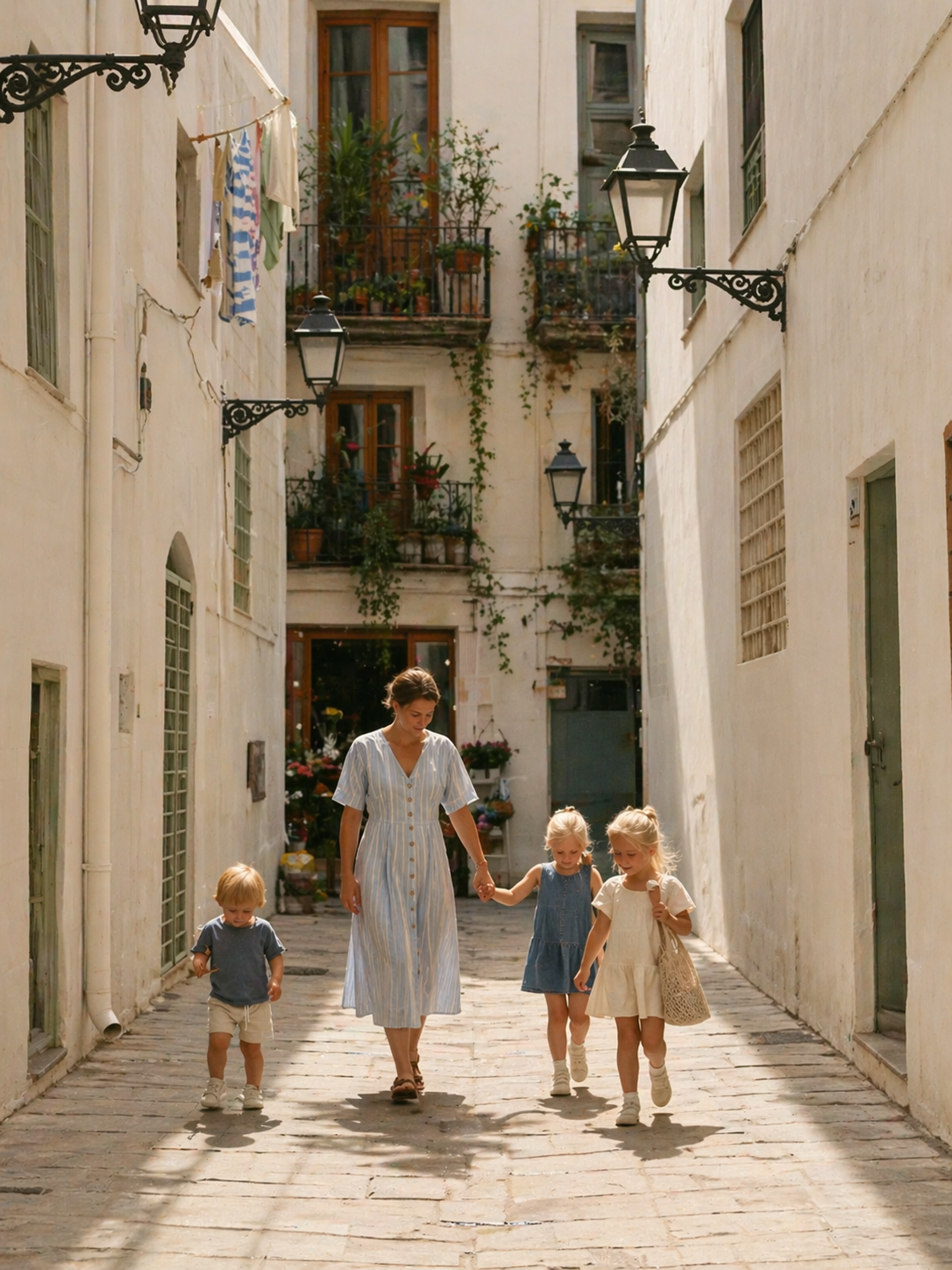Maman et ses trois enfants explorant les ruelles historiques près des appartements Anchor.