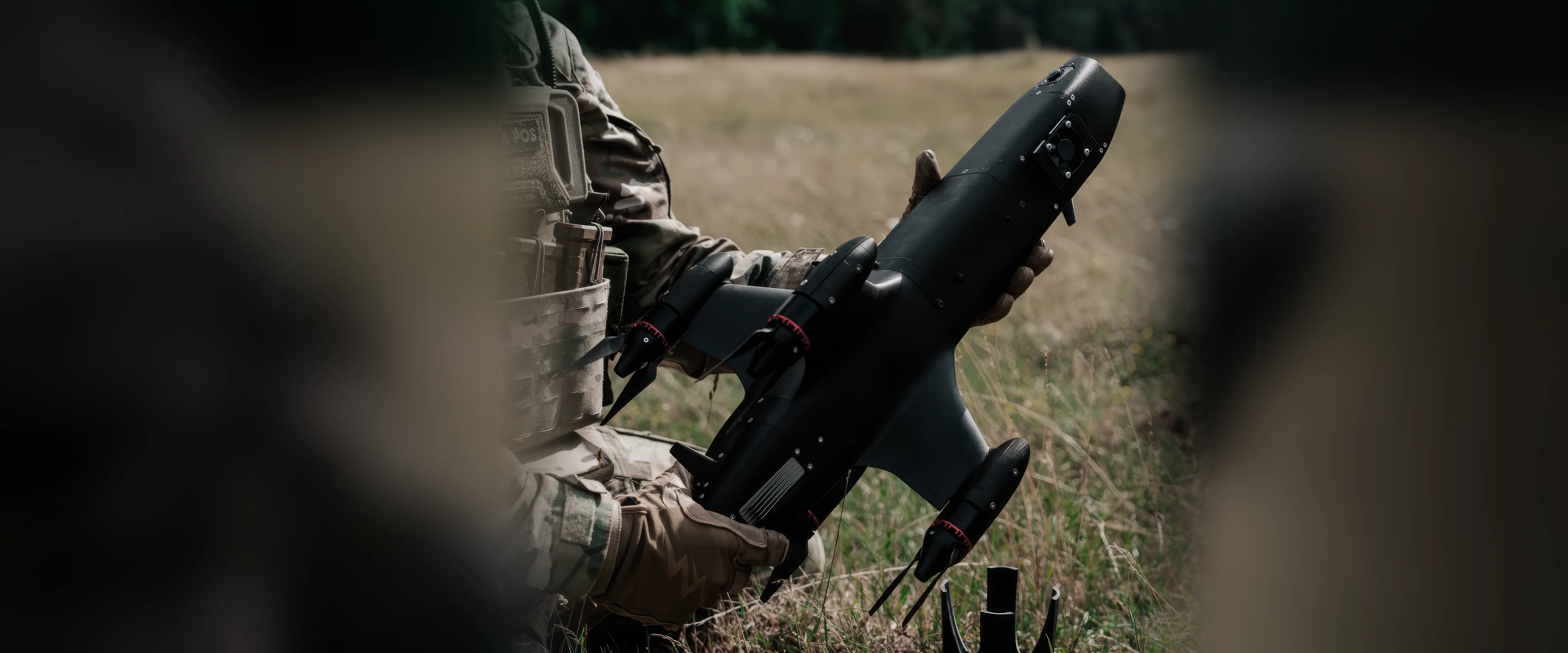 Skyron 400 interceptor drone held by a soldier, partner system by Quantum Systems