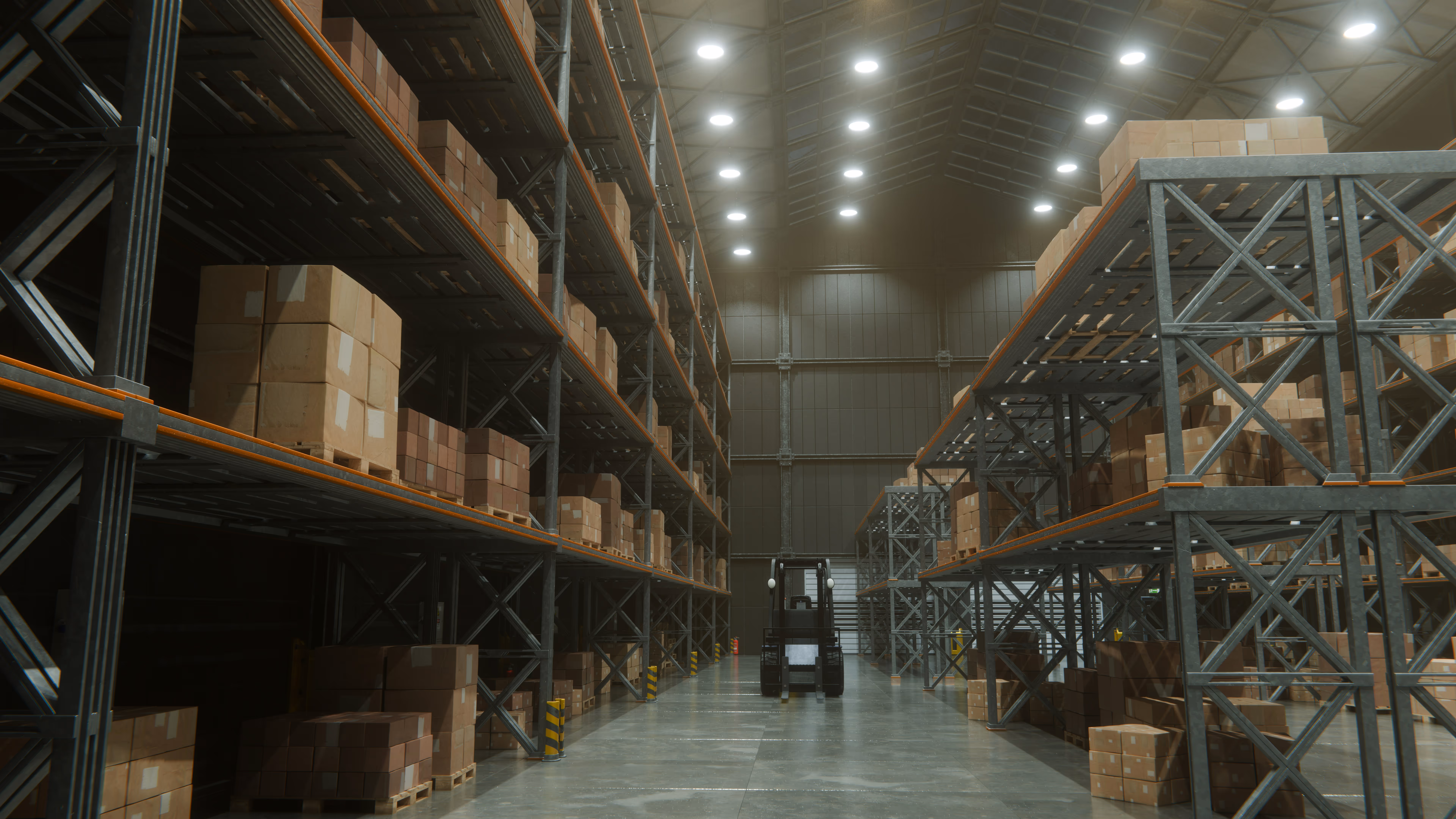 Warehouse interior with tall metal shelves stacked with cardboard boxes and a forklift in the center aisle.