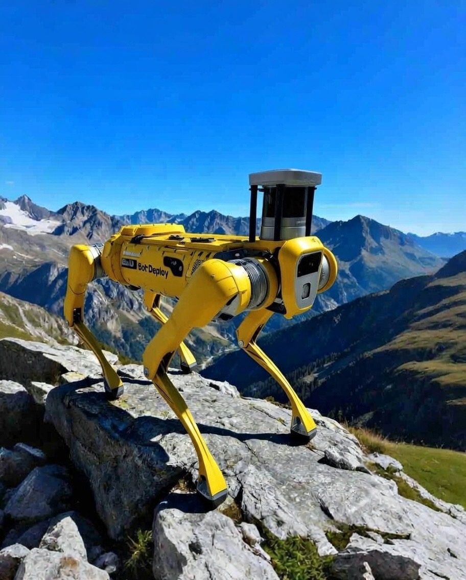 Yellow quadruped robot standing on rocky terrain with mountainous landscape and clear blue sky in the background.