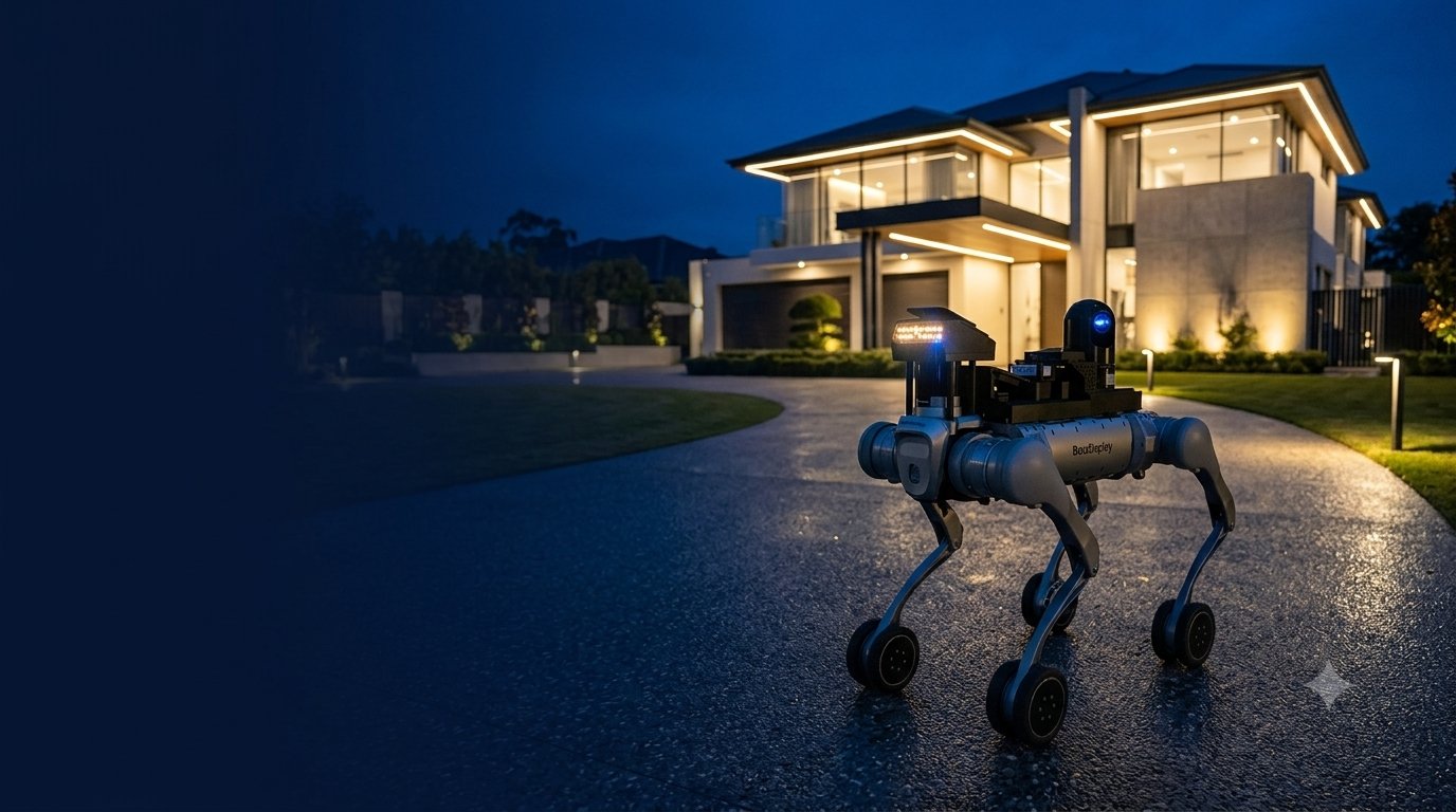Autonomous delivery robot with six wheels and an orange flag traveling on a paved path.