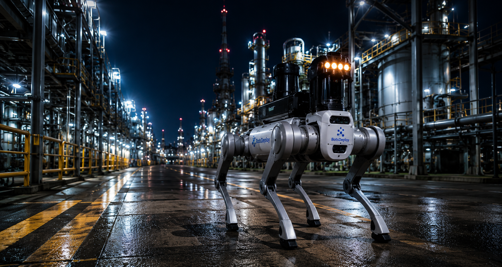 Close-up of a four-legged robot branded BotsDeploy with cameras and sensor components.