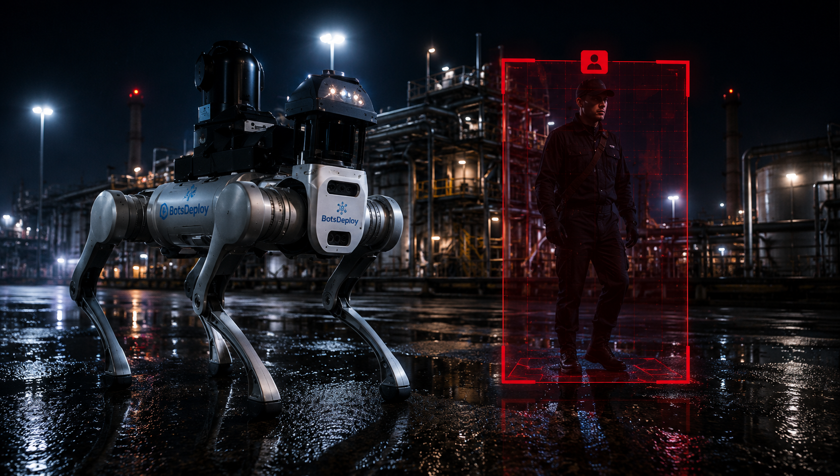 Close-up of a four-legged robot branded BotsDeploy with cameras and sensor components.