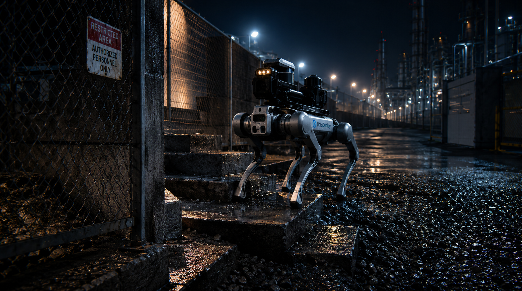 Close-up of a four-legged robot branded BotsDeploy with cameras and sensor components.