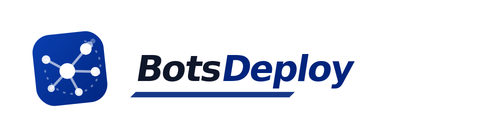 BotsDeploy company logo with interconnected white circles on blue square icon.