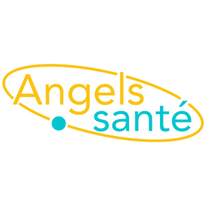 Angels Santé logo with yellow and blue stylized text.