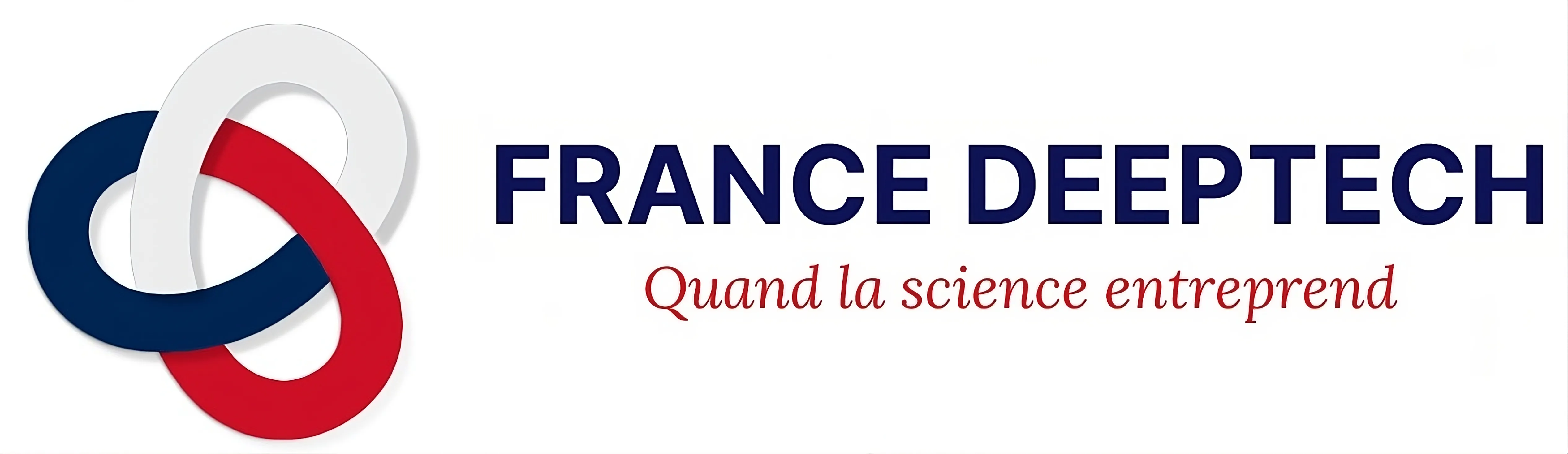 France Deeptech logo with an interlocking blue, white, and red design and the tagline 'Quand la science entreprend' in red script.