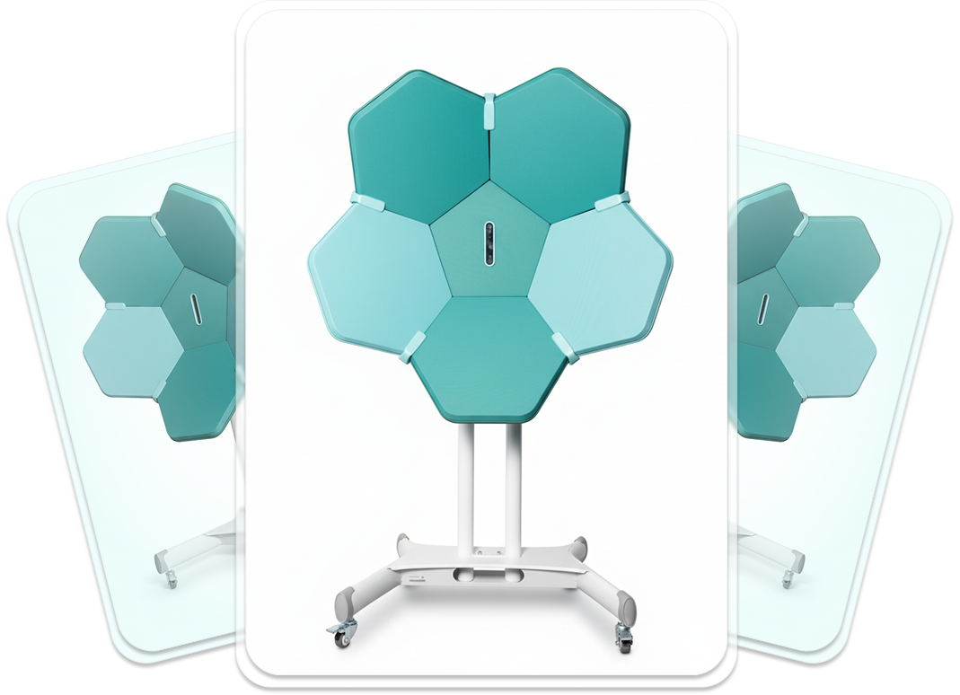 Modern hexagonal teal and blue acoustic panel on a white wheeled stand.