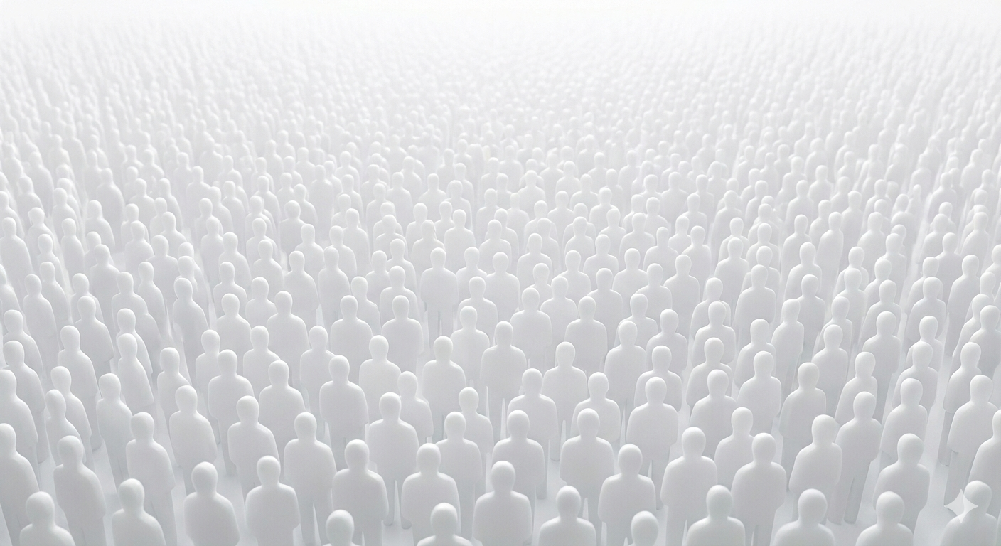 Large crowd of identical white humanoid figures standing closely together, fading into the background.
