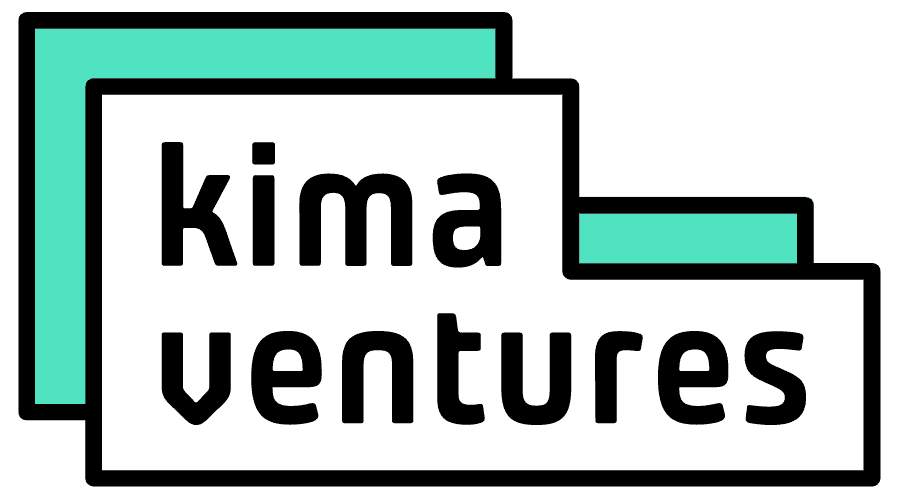 Kima Ventures logo with two overlapping rectangular shapes, one teal and one white with black outline, containing text 'kima ventures'.
