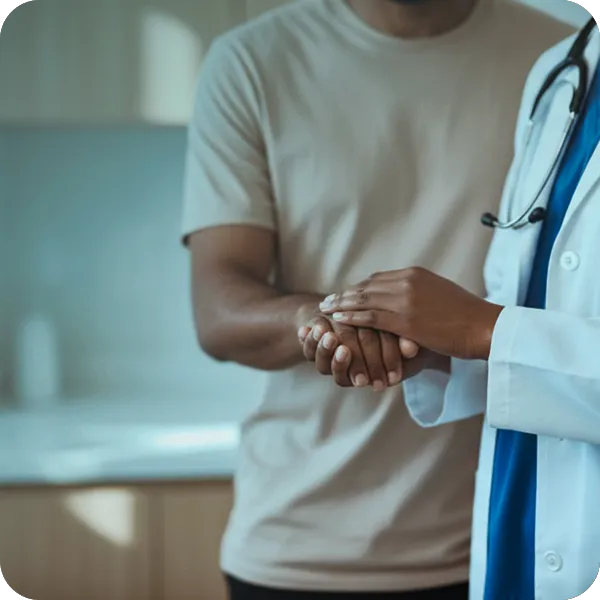 Doctor in white coat with stethoscope holding hands with a patient in a beige shirt.