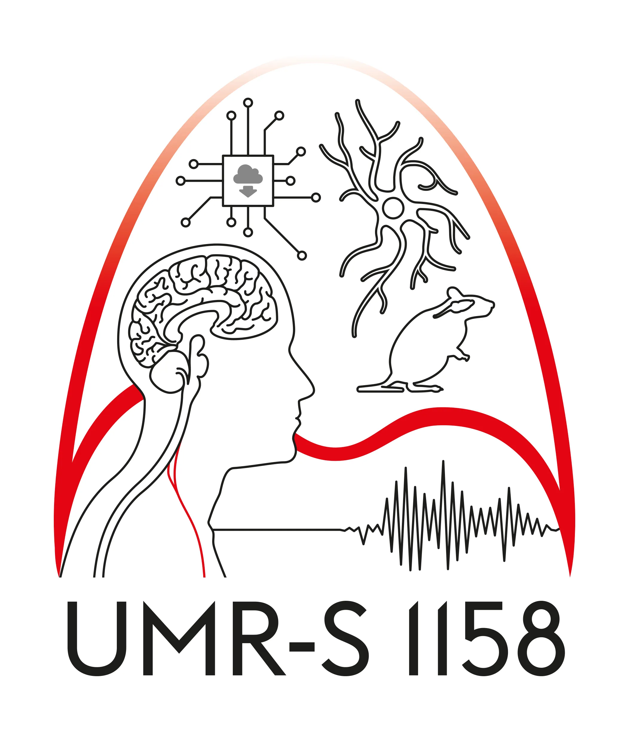 Logo with profile of a human head showing brain and spinal cord, neuron, mouse silhouette, microchip with cloud download icon, and a waveform under a red arch with text 'UMR-S 1158'.