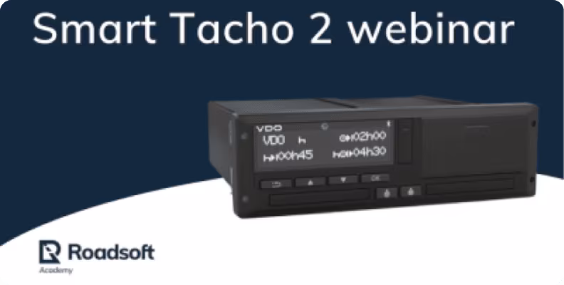 Webinar over Smart Tacho 2 met afbeelding van een digitale tachograaf en Roadsoft Academy logo.