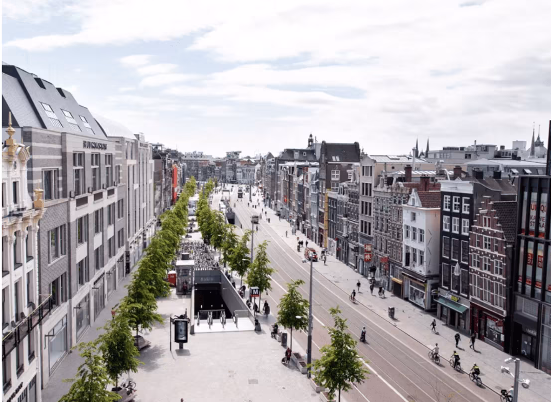 Luchtfoto van een brede straat in Amsterdam met bomen langs de stoep, fietsenstallingen en traditionele gevelhuizen.