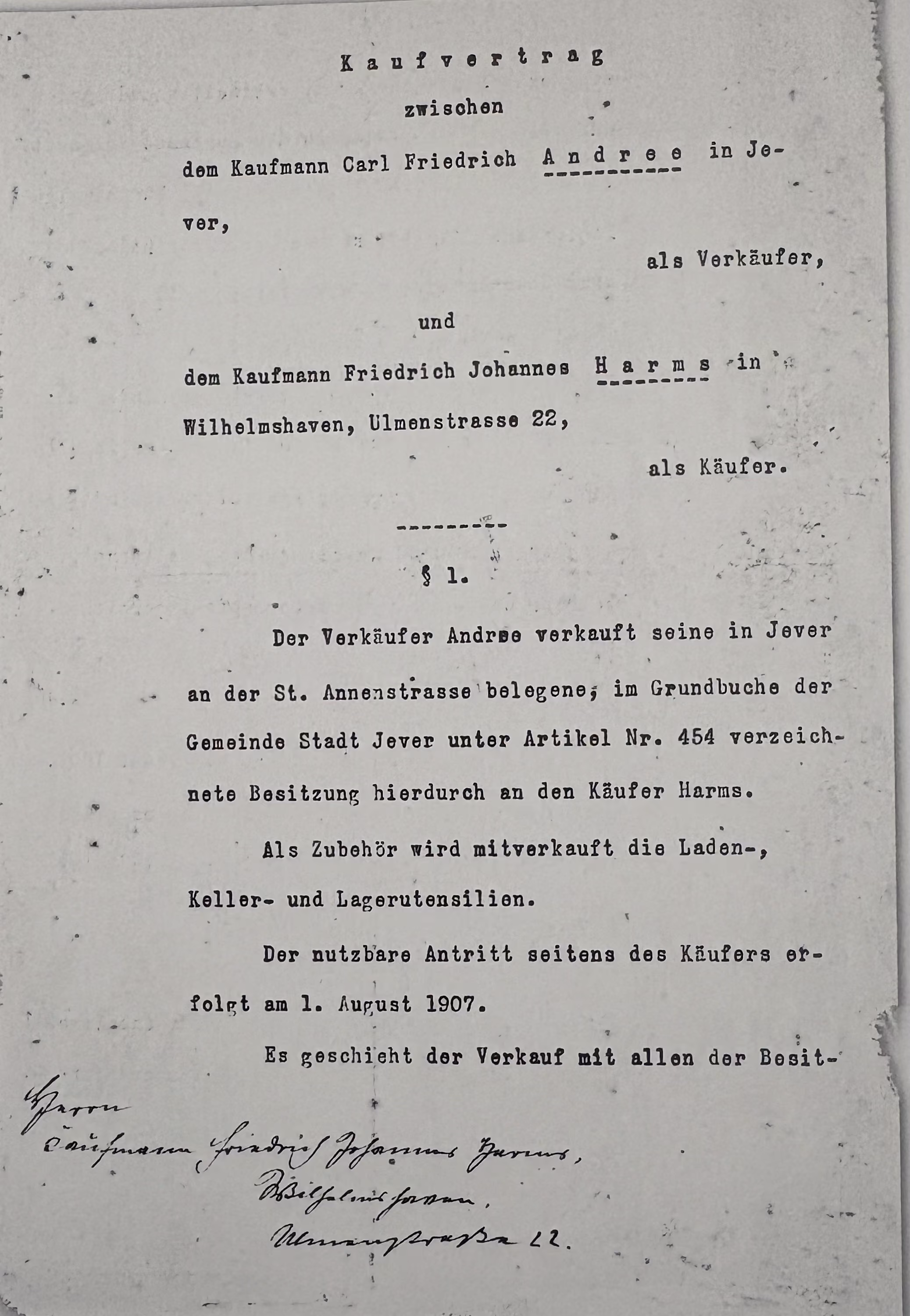 Historischer Kaufvertrag aus der Unternehmensgeschichte der Harms Holding