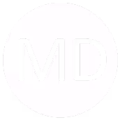 Weiße runde Form mit den schwarzen Buchstaben MD in der Mitte.