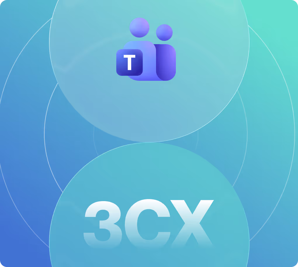Logos von Microsoft Teams und 3CX auf blau-grünem Hintergrund mit konzentrischen Kreisen.